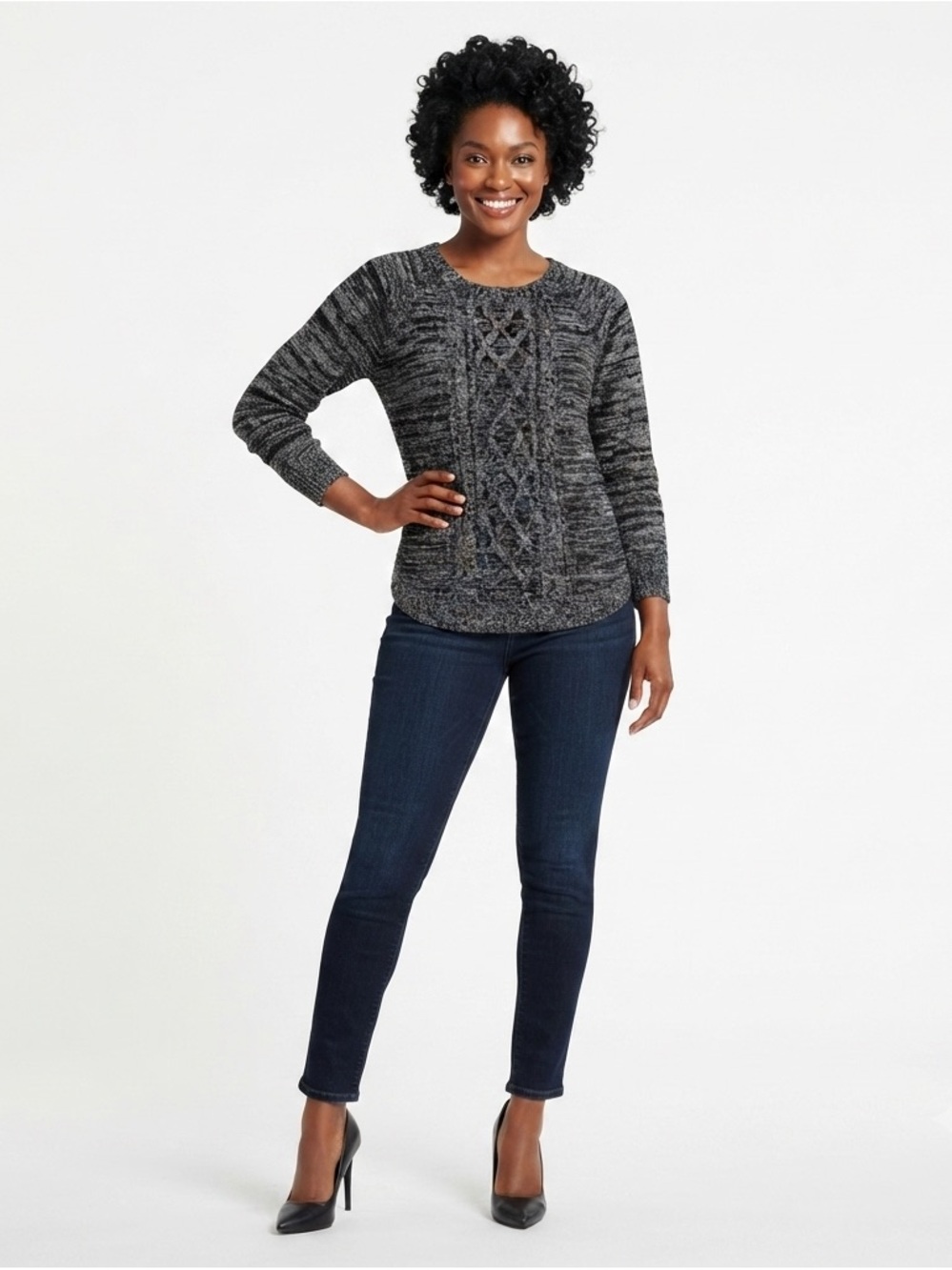 Jason Maxwell Women's Marled Sweater Size 1X Cozy Cable Knit Black White
